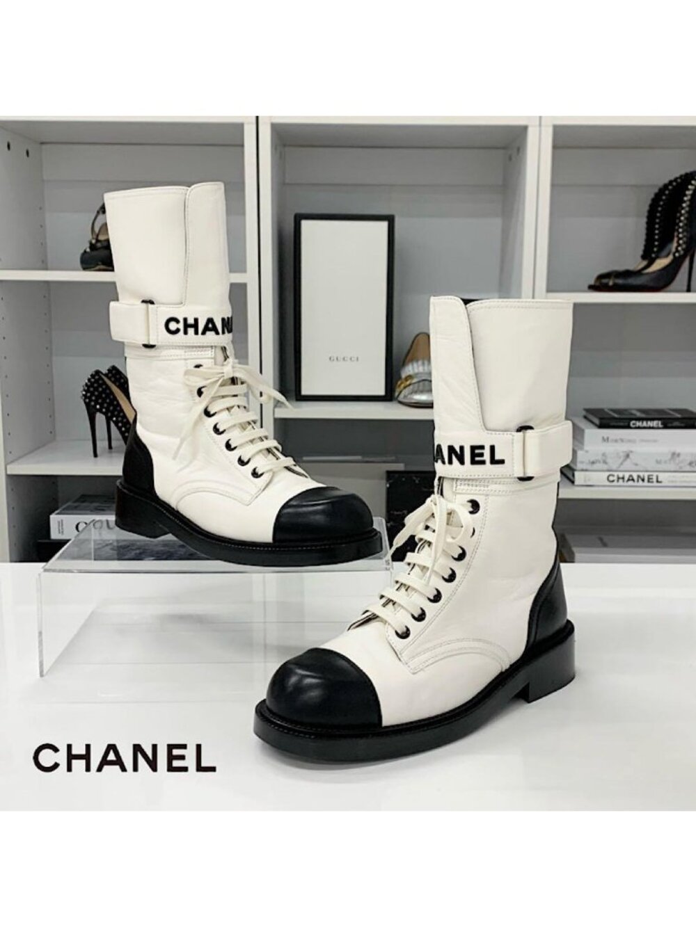 Chanel Leather Logo Lace-up Middle Boots White Black